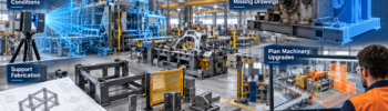 Campbellfield manufacturing illustration showing laser scanning, machinery converted to CAD, fabrication drawings and factory upgrade planning.