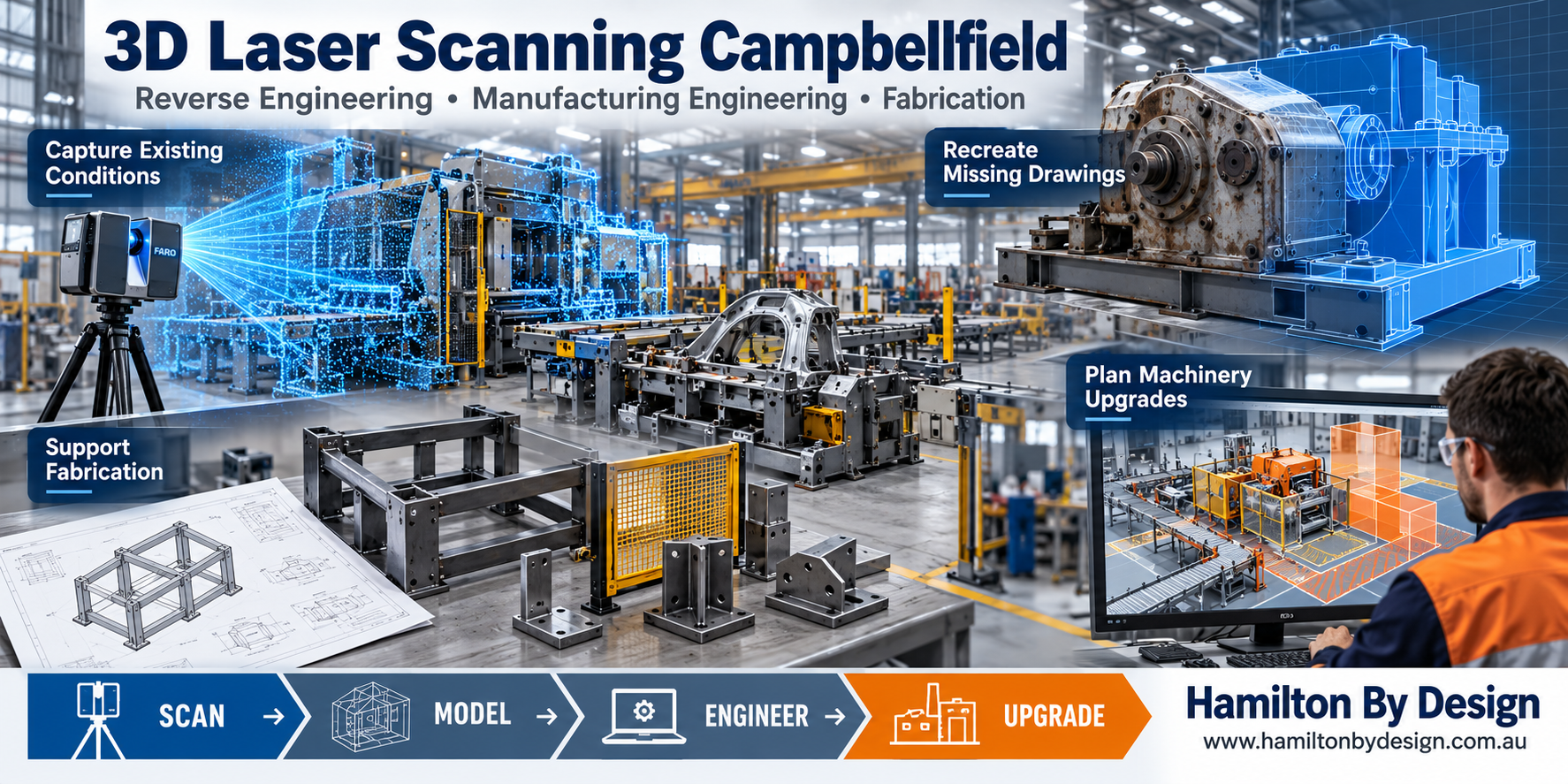 Campbellfield manufacturing illustration showing laser scanning, machinery converted to CAD, fabrication drawings and factory upgrade planning.