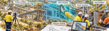 Watercolour illustration of 3D LiDAR scanning for Cadia plant upgrades, showing a scanner, point cloud model, fabrication drawings and engineers checking component fit.