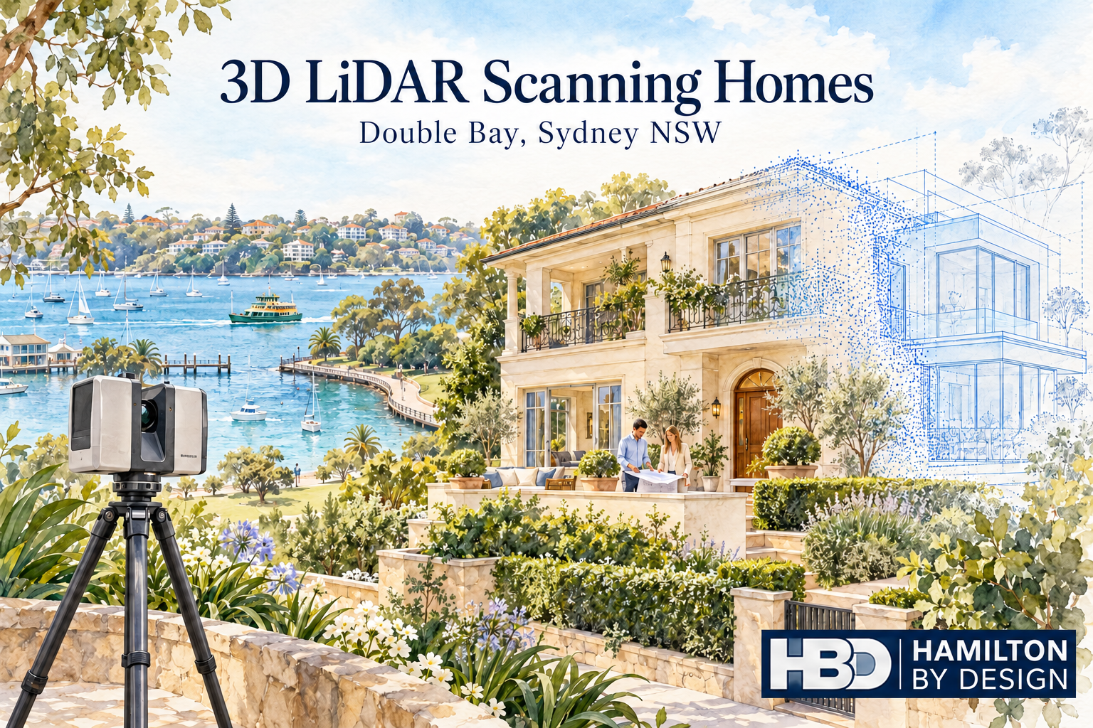 Watercolour of a LiDAR scanner capturing a Double Bay home, with a blue point-cloud overlay, harbour views and Hamilton By Design logo.