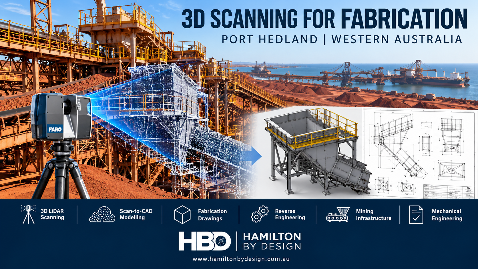 3D LiDAR scanning for fabrication in Port Hedland WA, showing mining conveyors, FARO laser scanning, point cloud modelling, SolidWorks CAD design and fabrication drawings by Hamilton By Design.