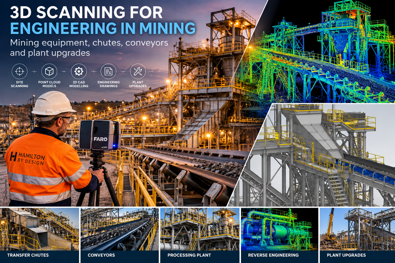 3D scanning for engineering in mining showing FARO LiDAR scanning, transfer chutes, conveyors, point clouds, CAD modelling and processing plant upgrades.