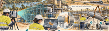 Watercolour illustration of 3D LiDAR scanning at a mineral processing plant in Balranald NSW, showing component checks and shutdown installation planning.