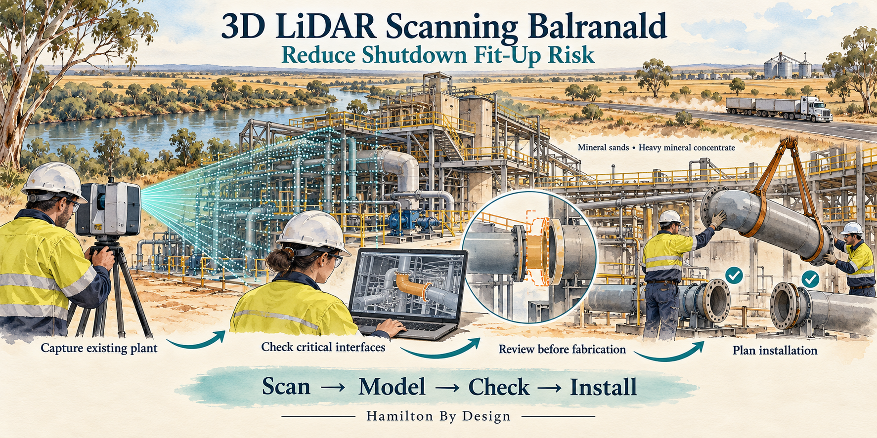 Watercolour illustration of 3D LiDAR scanning at a mineral processing plant in Balranald NSW, showing component checks and shutdown installation planning.