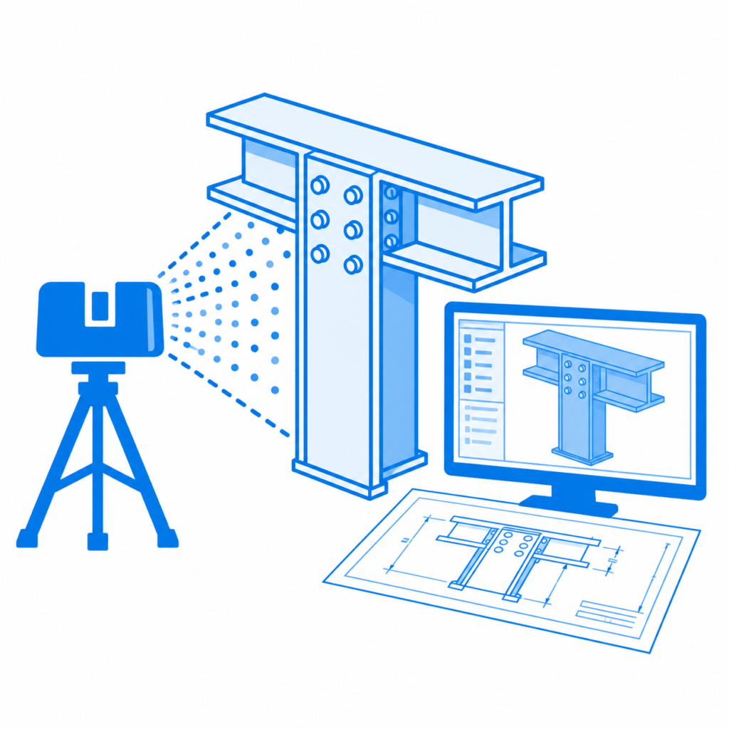 3D LiDAR scanning for structural steel fabrication, showing a laser scanner capturing a bolted steel beam assembly for CAD modelling and fabrication drawings.
