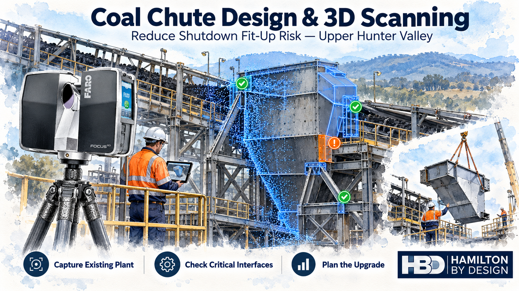 FARO laser scanner capturing a coal transfer chute in the Upper Hunter Valley, with point-cloud overlays highlighting upgrade interfaces.
