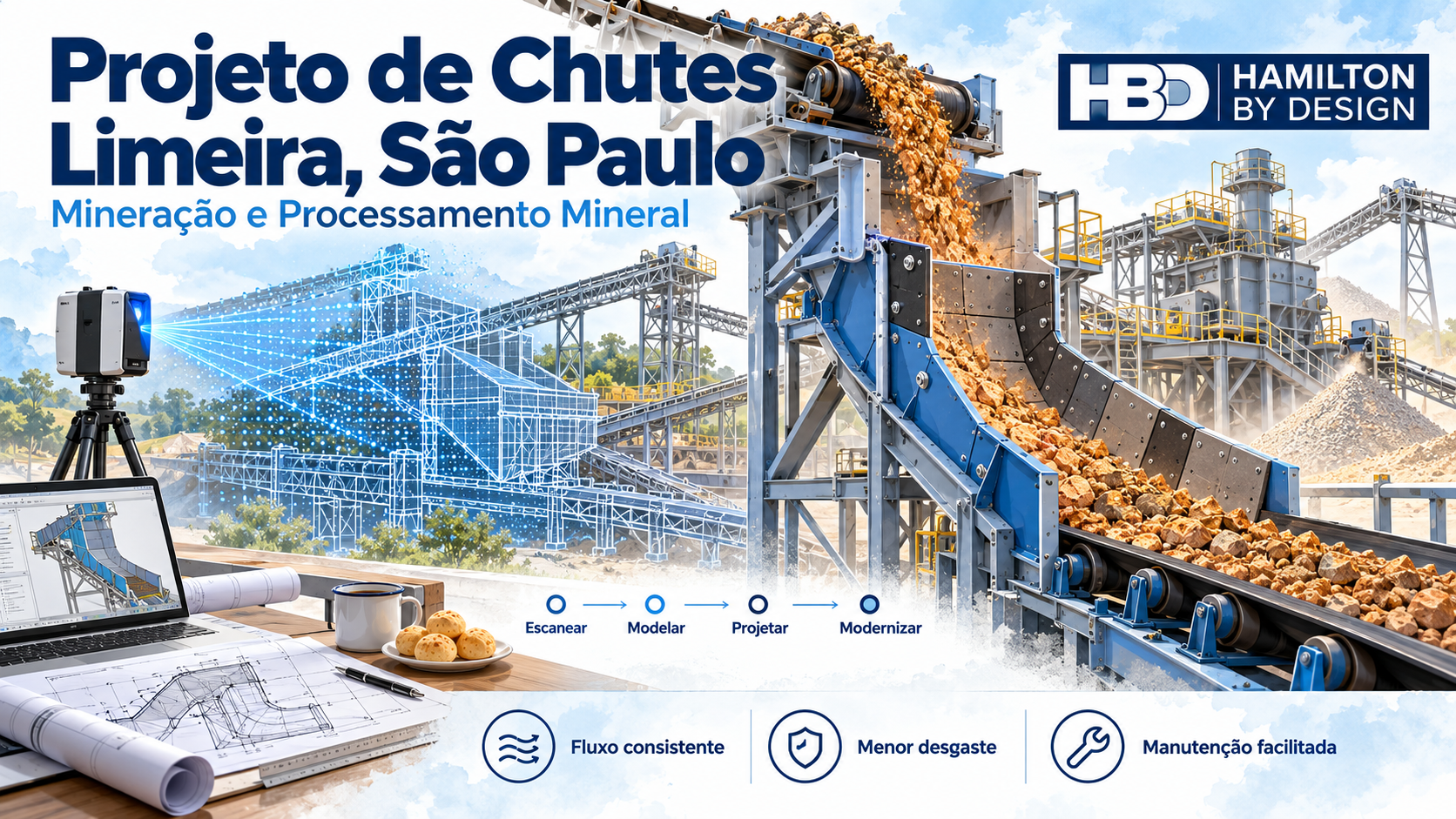 Hamilton By Design illustration of LiDAR scanning and a cutaway mineral processing chute, showing ore flow and wear liners for chute design in Limeira, São Paulo.