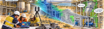 Watercolour illustration of 3D LiDAR scanning for Cowal gold processing plant upgrades, showing a scanner, point cloud, CAD model and Hamilton By Design logo.