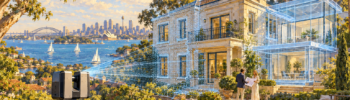 Oil painting of a LiDAR scanner capturing a Darling Point home, with a blue point cloud, proposed extension and Sydney Harbour in the background.