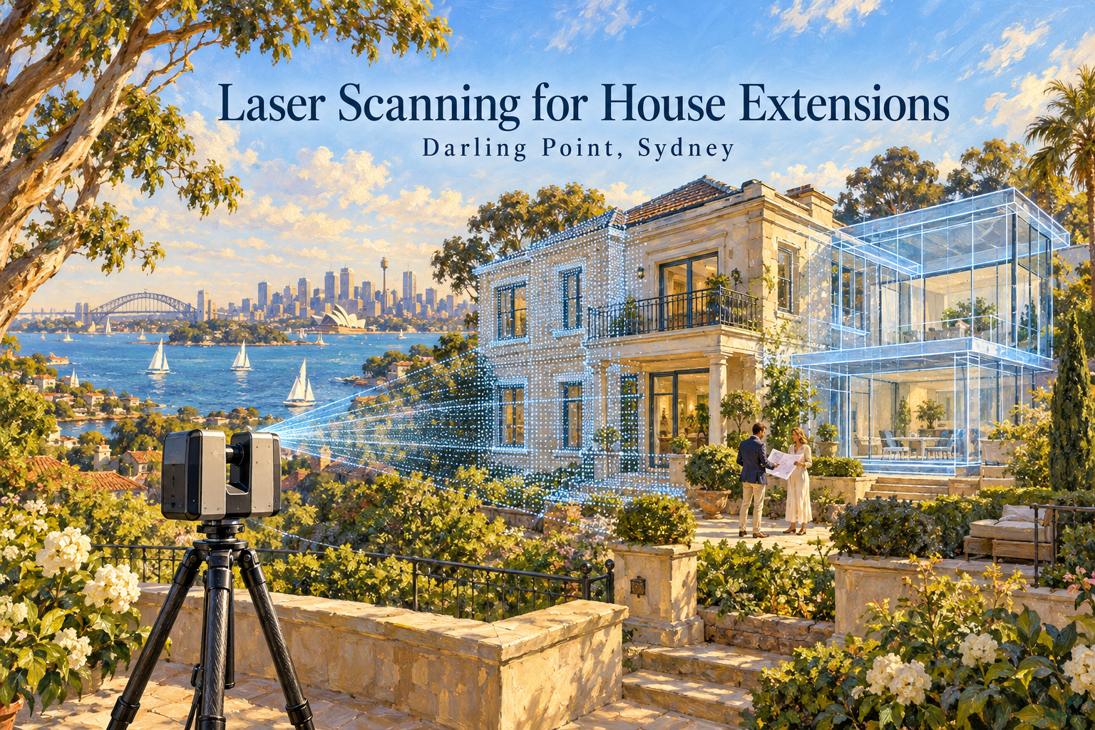 Oil painting of a LiDAR scanner capturing a Darling Point home, with a blue point cloud, proposed extension and Sydney Harbour in the background.