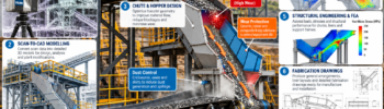 Hamilton By Design engineering infographic illustrating 3D LiDAR scanning, chute and hopper design, DEM material flow analysis, FEA, wear protection, dust control and fabrication drawings for mining conveyor transfer systems.