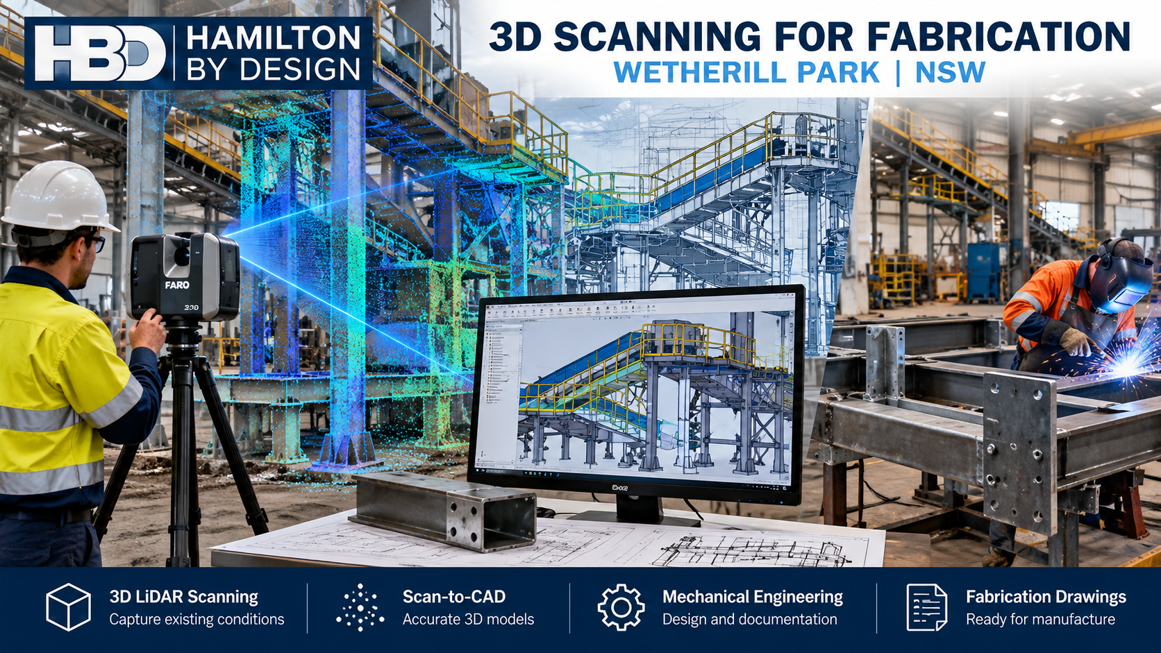 3D LiDAR scanning for fabrication in Wetherill Park NSW, showing a FARO laser scanner, point cloud modelling, CAD engineering and structural steel fabrication.