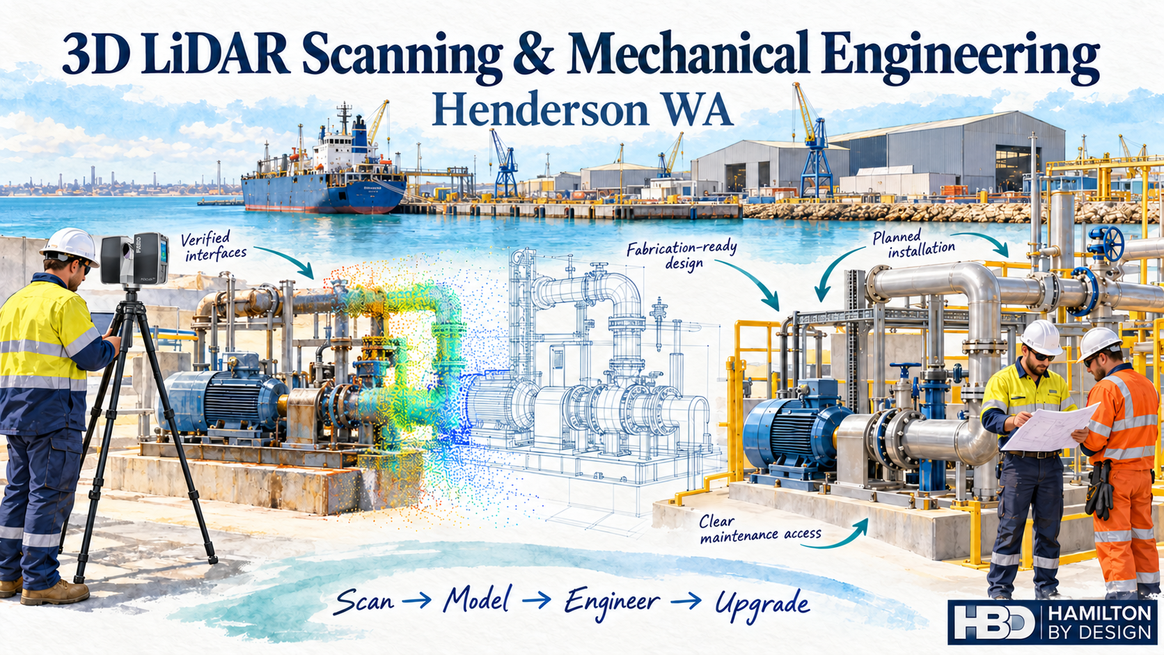 Illustration of FARO LiDAR scanning, point cloud modelling and a pump installation at a Henderson WA shipyard, with the Hamilton By Design logo.