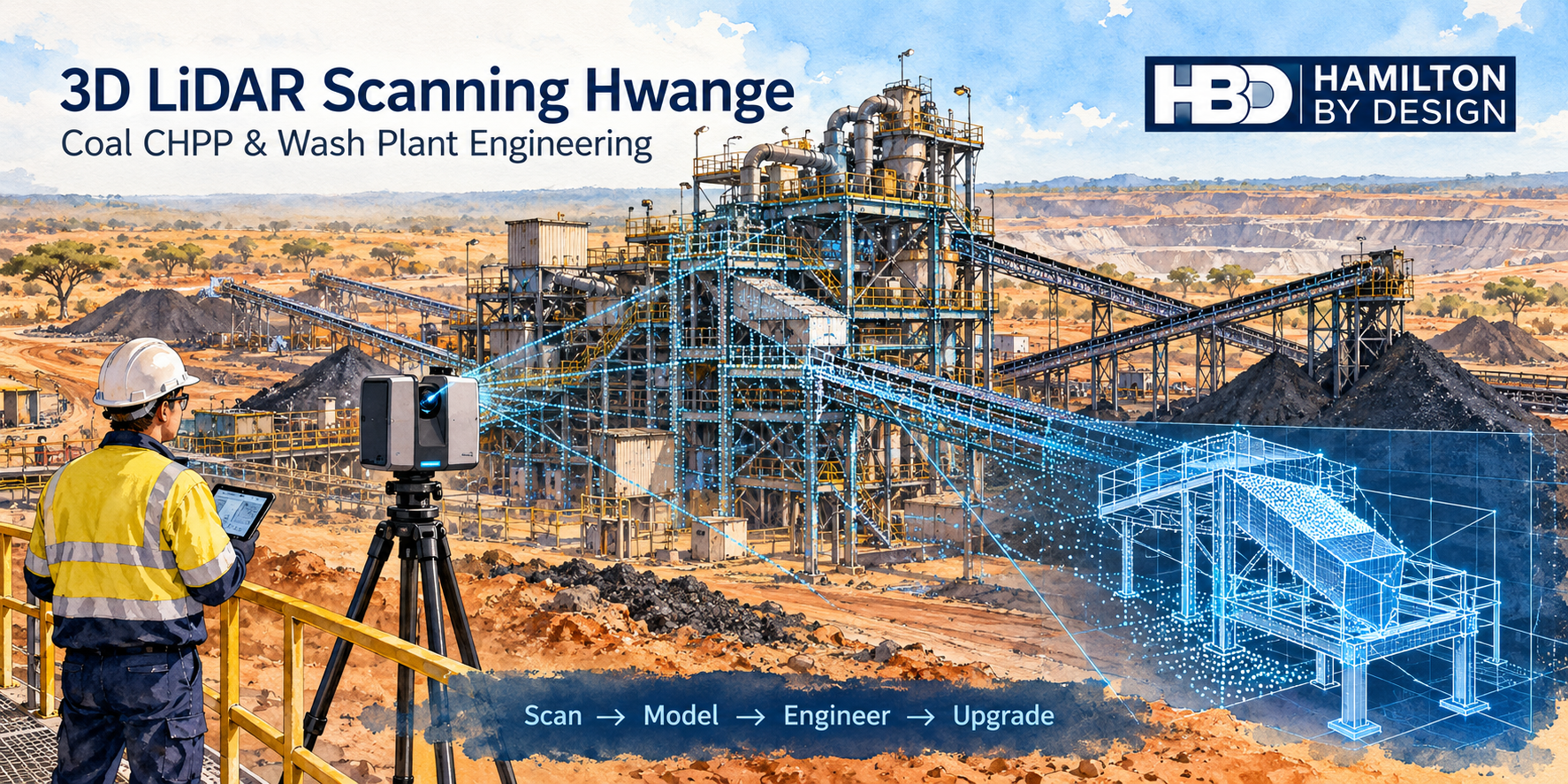 Watercolour illustration of LiDAR scanning at a Hwange coal wash plant, showing conveyors, a tripod scanner, point cloud data and the Hamilton By Design logo.