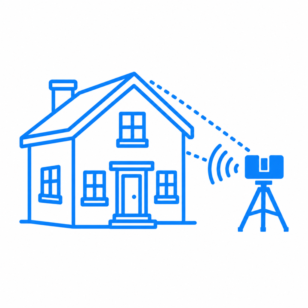 Blue outline icon of a tripod-mounted LiDAR scanner scanning a residential house.