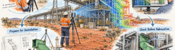 Conceptual illustration of 3D LiDAR scanning for Peak Mine plant upgrades, showing point cloud capture, CAD modelling, chute clearance checks and installation planning.