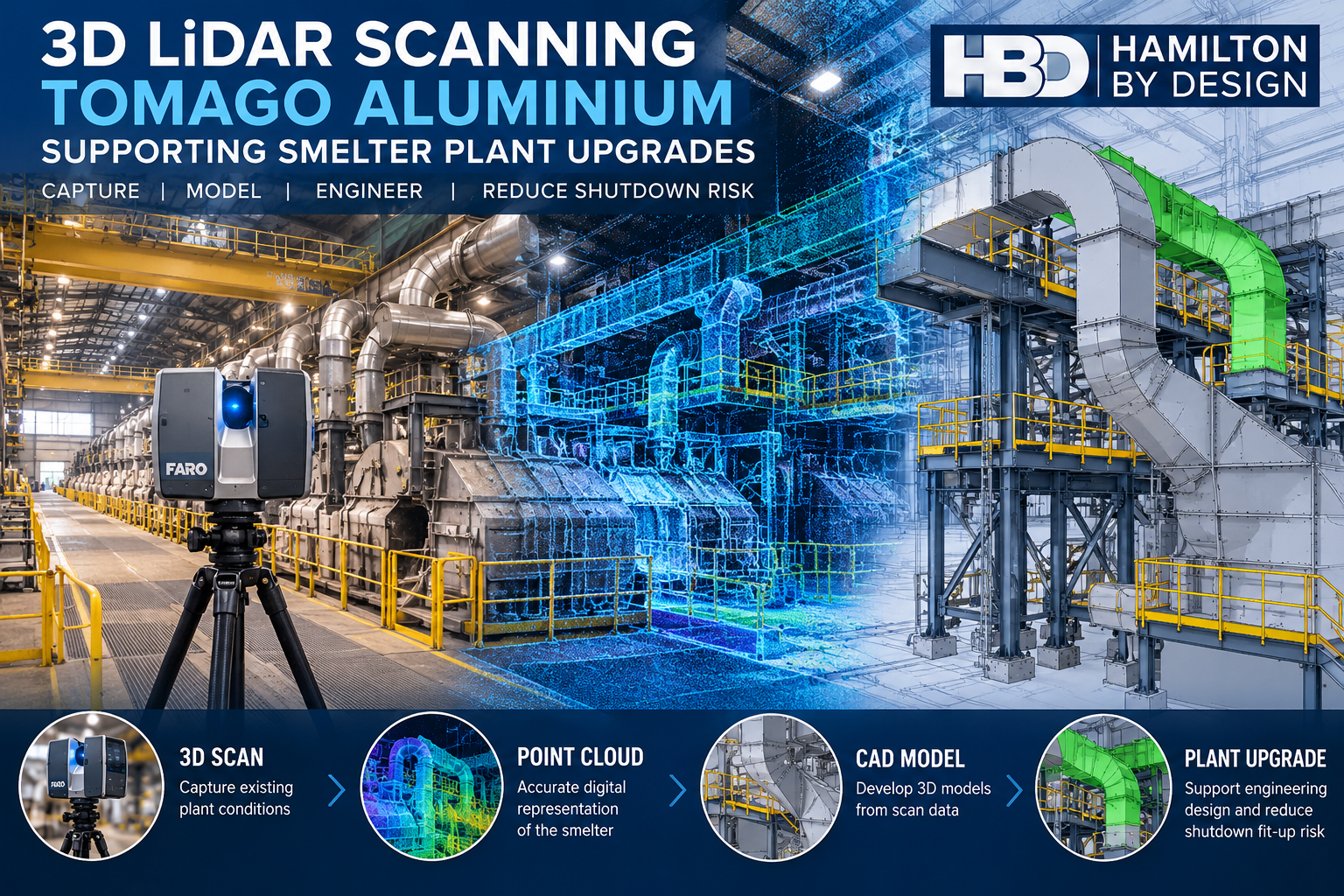 3D LiDAR scanning Tomago Aluminium smelter illustration showing FARO laser scanner, industrial point cloud, CAD modelling and plant upgrades.