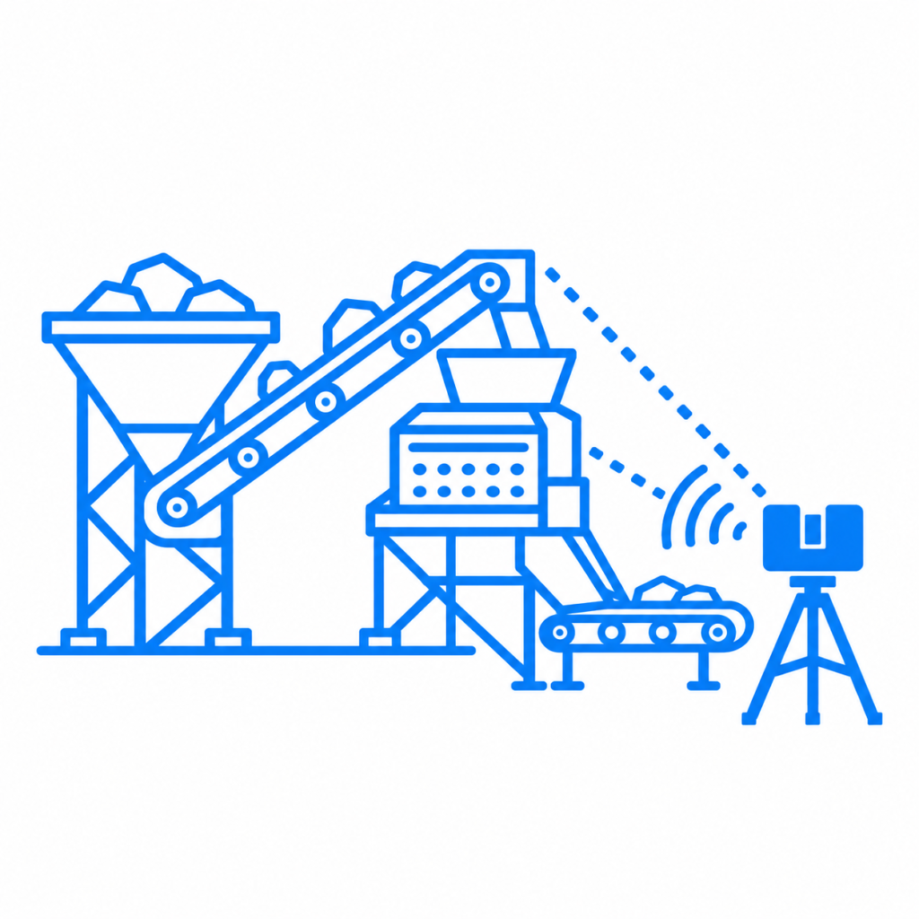Blue line icon of a tripod-mounted LiDAR scanner surveying a mineral processing plant with a hopper, conveyors and transfer chute.