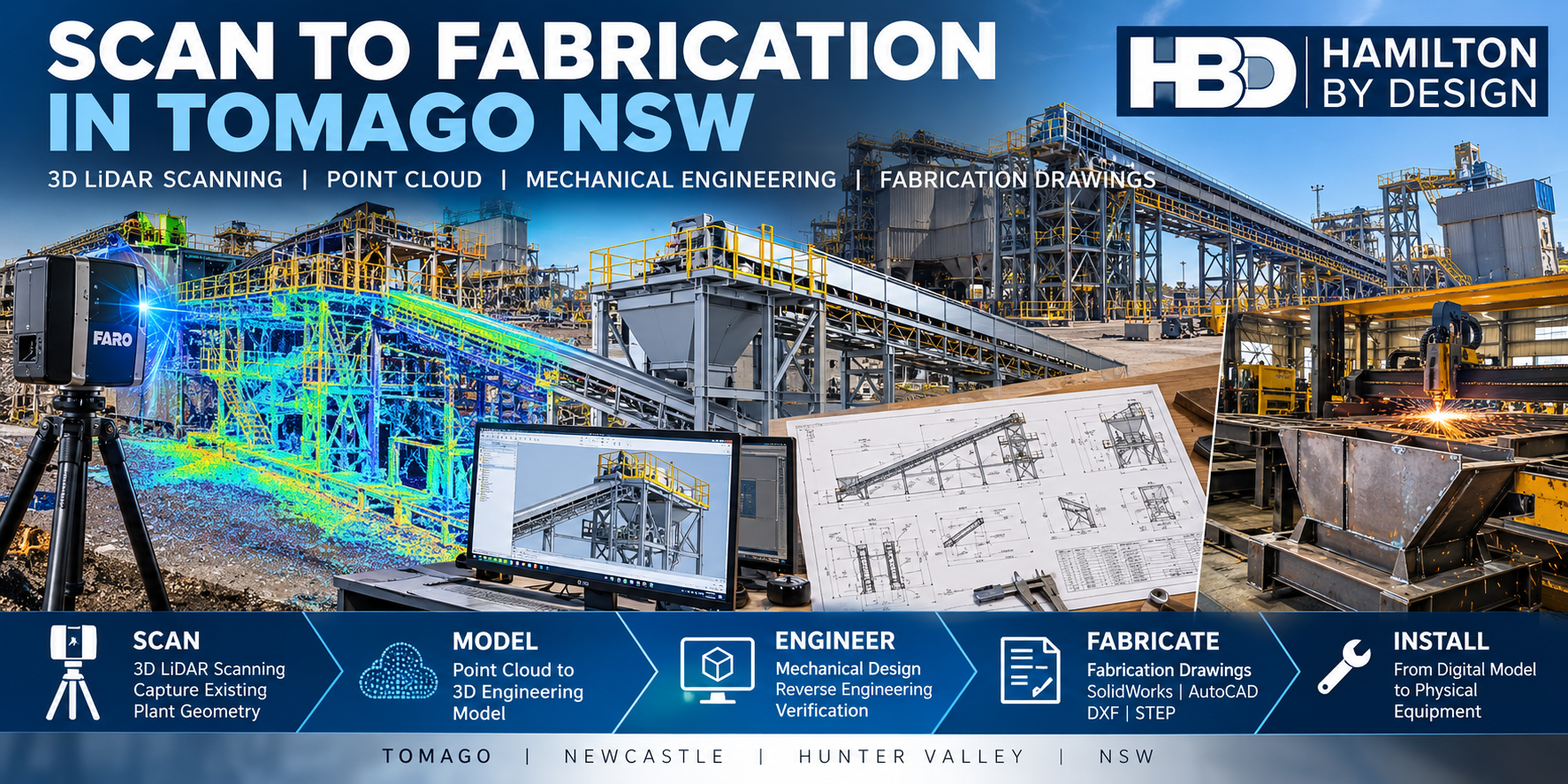 Scan to fabrication in Tomago NSW by Hamilton By Design, showing FARO 3D LiDAR scanning, industrial point clouds, mechanical CAD models, fabrication drawings and steel manufacturing.