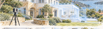 Watercolour illustration of a Vaucluse home with a 3D laser scanner, blue point-cloud overlay and proposed extension outline.