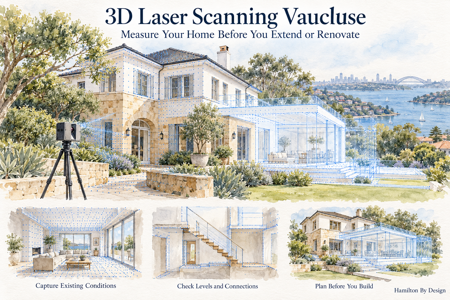 Watercolour illustration of a Vaucluse home with a 3D laser scanner, blue point-cloud overlay and proposed extension outline.