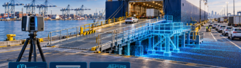 Illustration of 3D LiDAR scanning at Webb Dock, showing a vehicle loading ramp, freight ship and blue point-cloud overlay on terminal infrastructure.