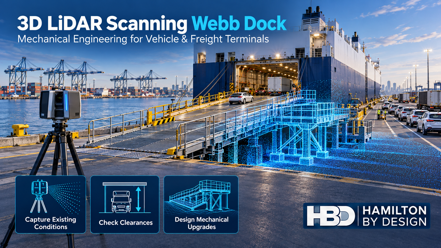 Illustration of 3D LiDAR scanning at Webb Dock, showing a vehicle loading ramp, freight ship and blue point-cloud overlay on terminal infrastructure.